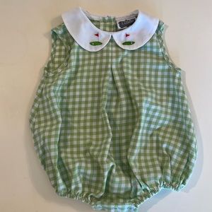 9 month little boy’s golf bubble green gingham